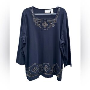 NEW Alfred Dunner Top 2X Sequin Studded Crochet Tunic Navy Blue Boho Artsy